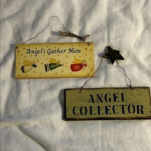 Angels Gather Here / Angel Collector Wall Signs - Cream and Olive Rustic Set